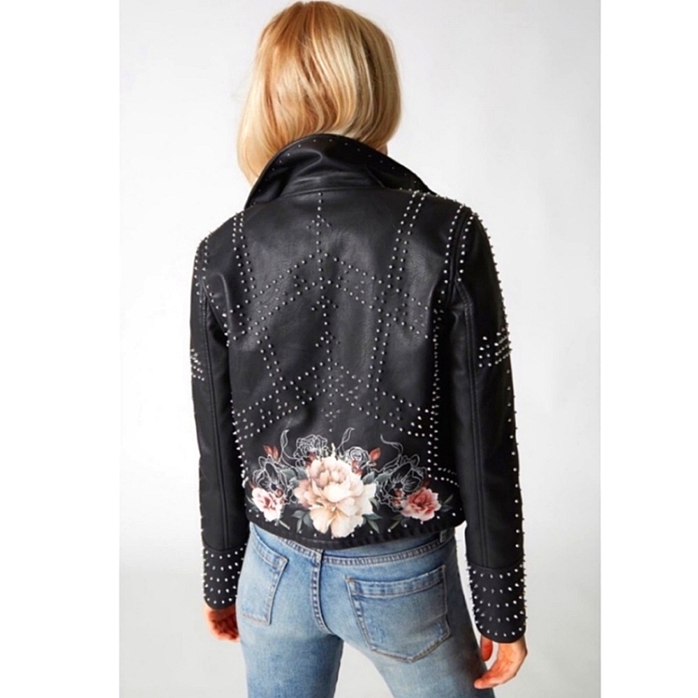 BlankNYC Black Vegan Leather Floral Studded Spiked Moto Jacket